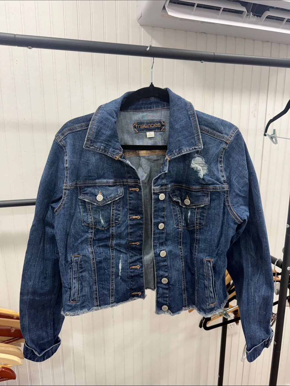 Like New Maurices Dark Blue Distressed Denim Jacket Womens Large